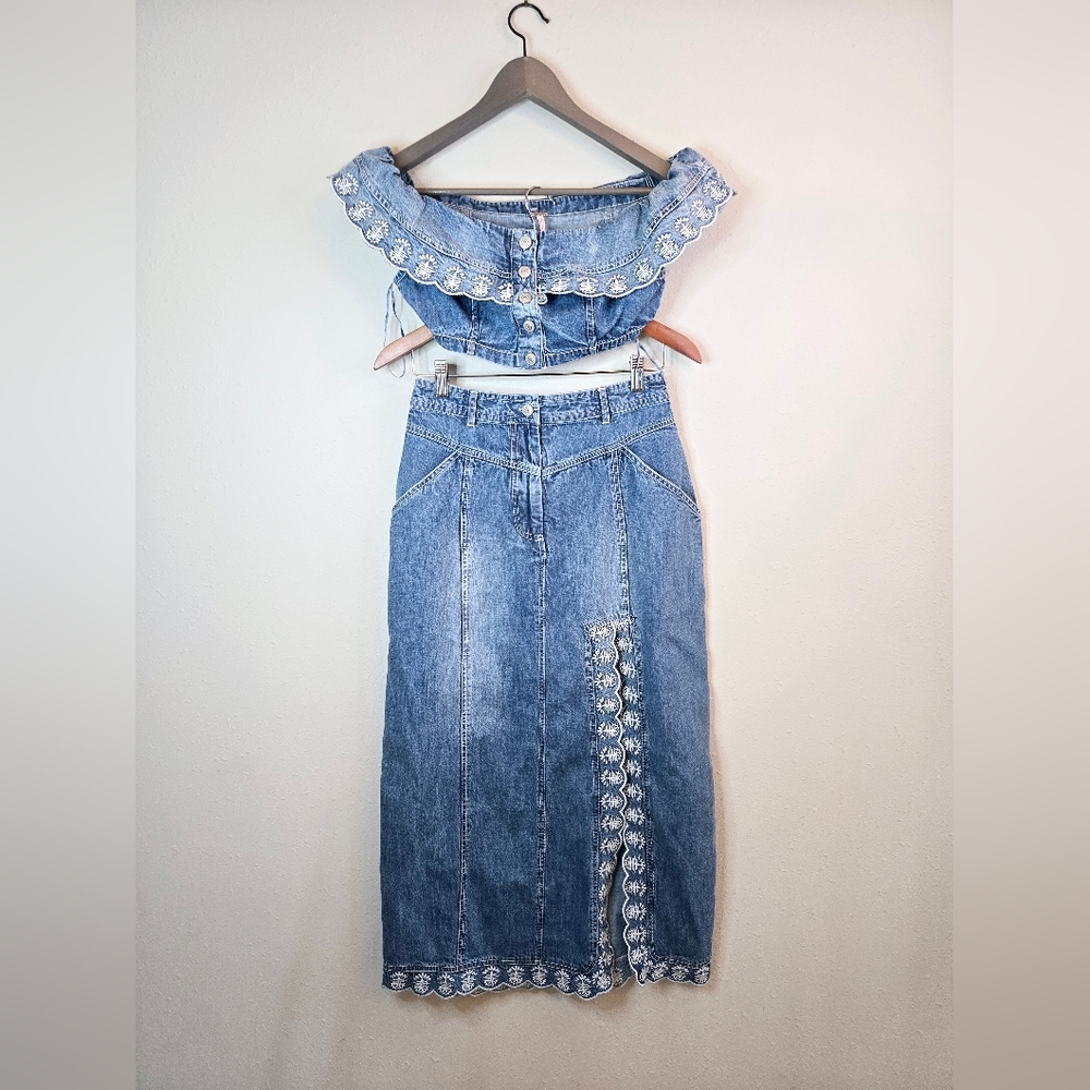 Free People Kora Crop Top Maxi Skirt Denim Embroidered Set Sz 2 NWT - Picture 7 of 15